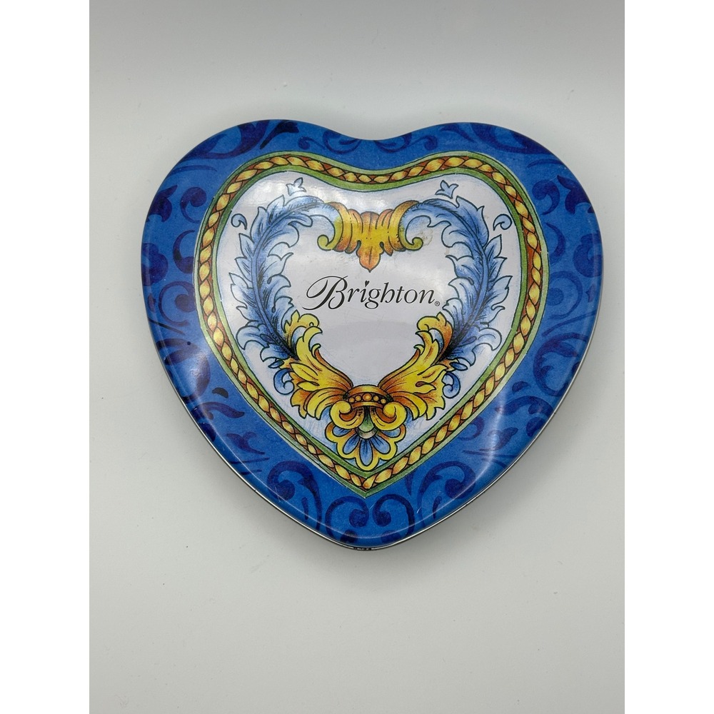 Brighton Heart Shaped Jewelry Tin Blue Yellow Mediterranean Scroll Trinket Box